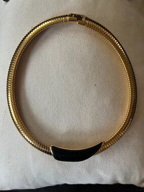 Vintage MONET Gold Tone Omega Collar Necklace Black Enamel 1980s